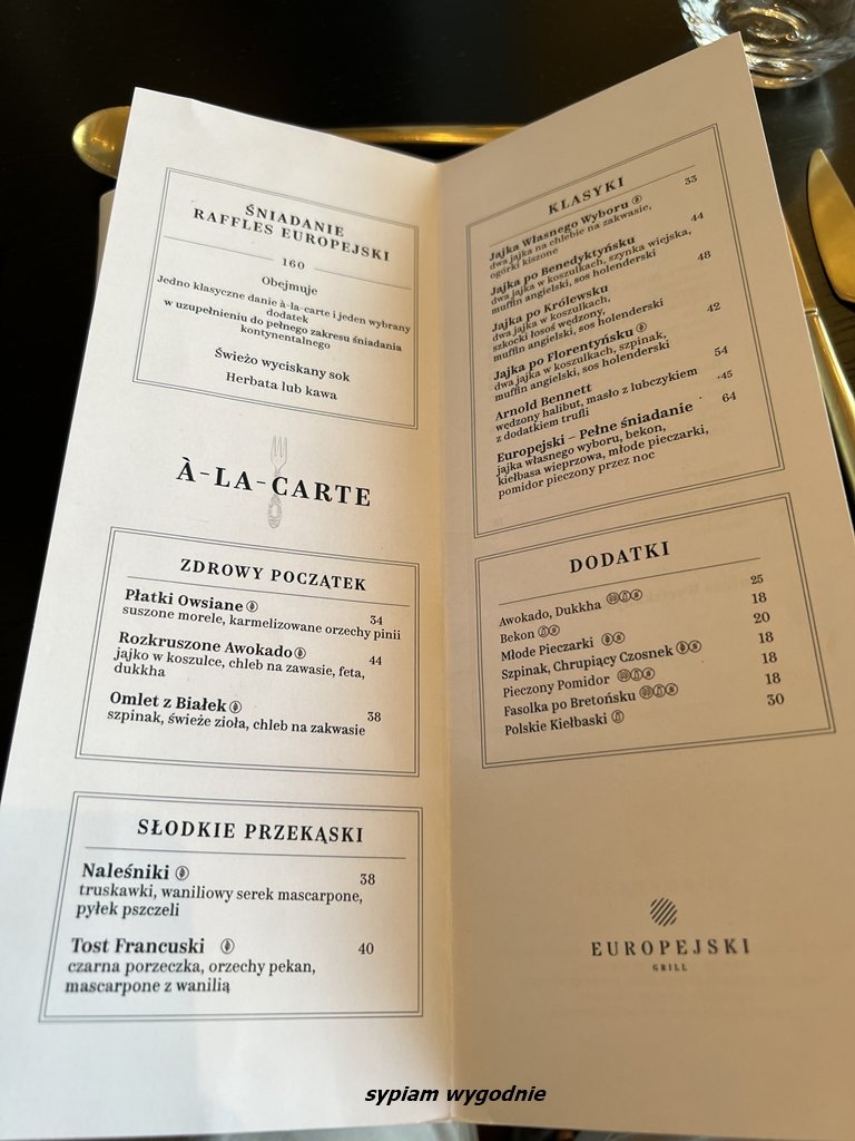 menu śniadaniowe w restauracji Europejski w hotelu Raffles Europejski Warsaw